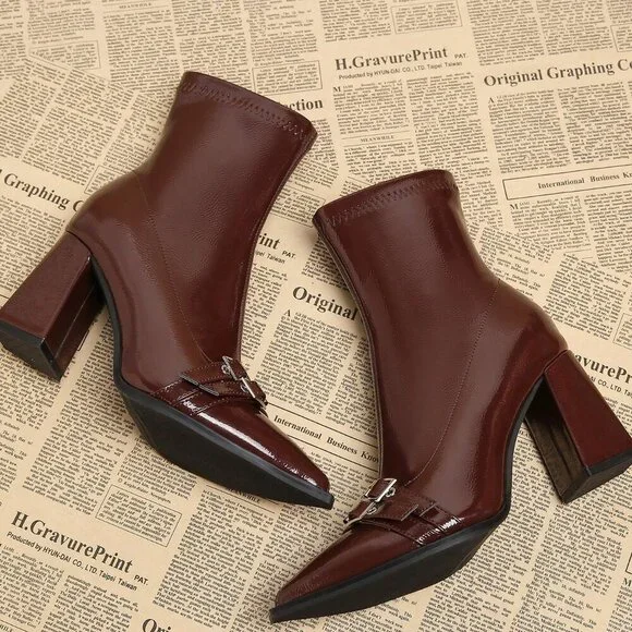Burgundy Casual Women's Pointed Toe Short Heeled Boots